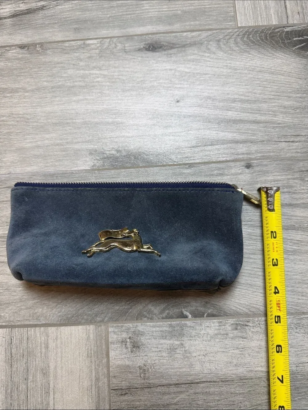 Navy Lazaro Suede Zip Pouch with Gold Hare Emblem